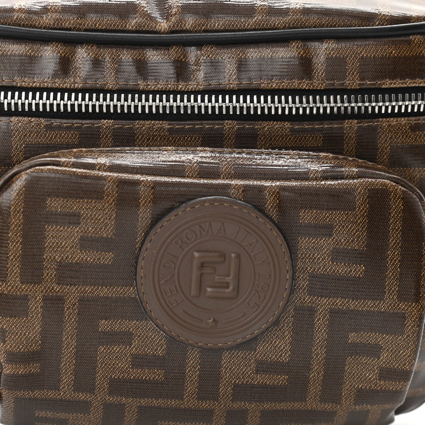 Glazed Fabric Vitello Century FF 1974 Stamp Patch Mens Pocket Belt Bag Mogano Panna Black