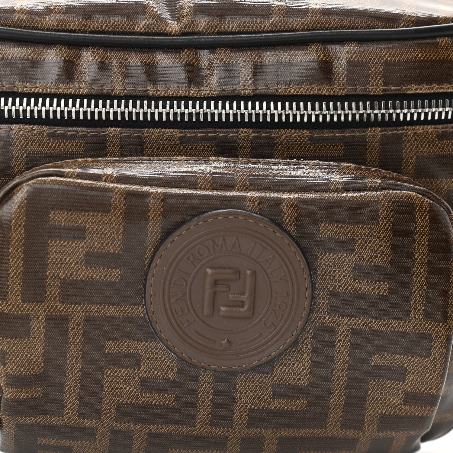 Fendi Glazed Fabric Vitello Century FF 1974 Stamp Patch Mens Pocket Belt Bag Mogano Panna Black 8 of 10