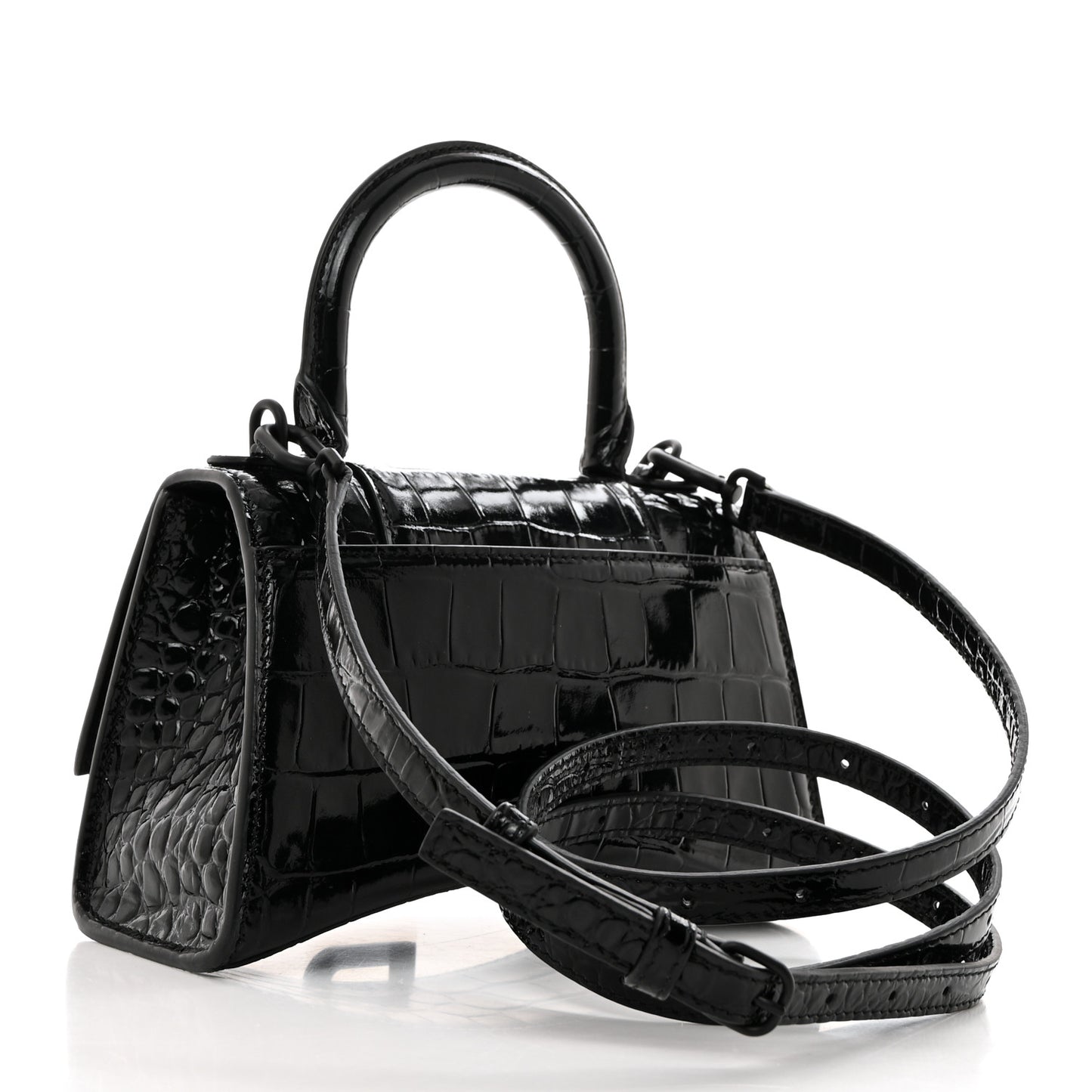 Shiny Calfskin Monochrome Crocodile Embossed Hourglass Top Handle Bag XS Black