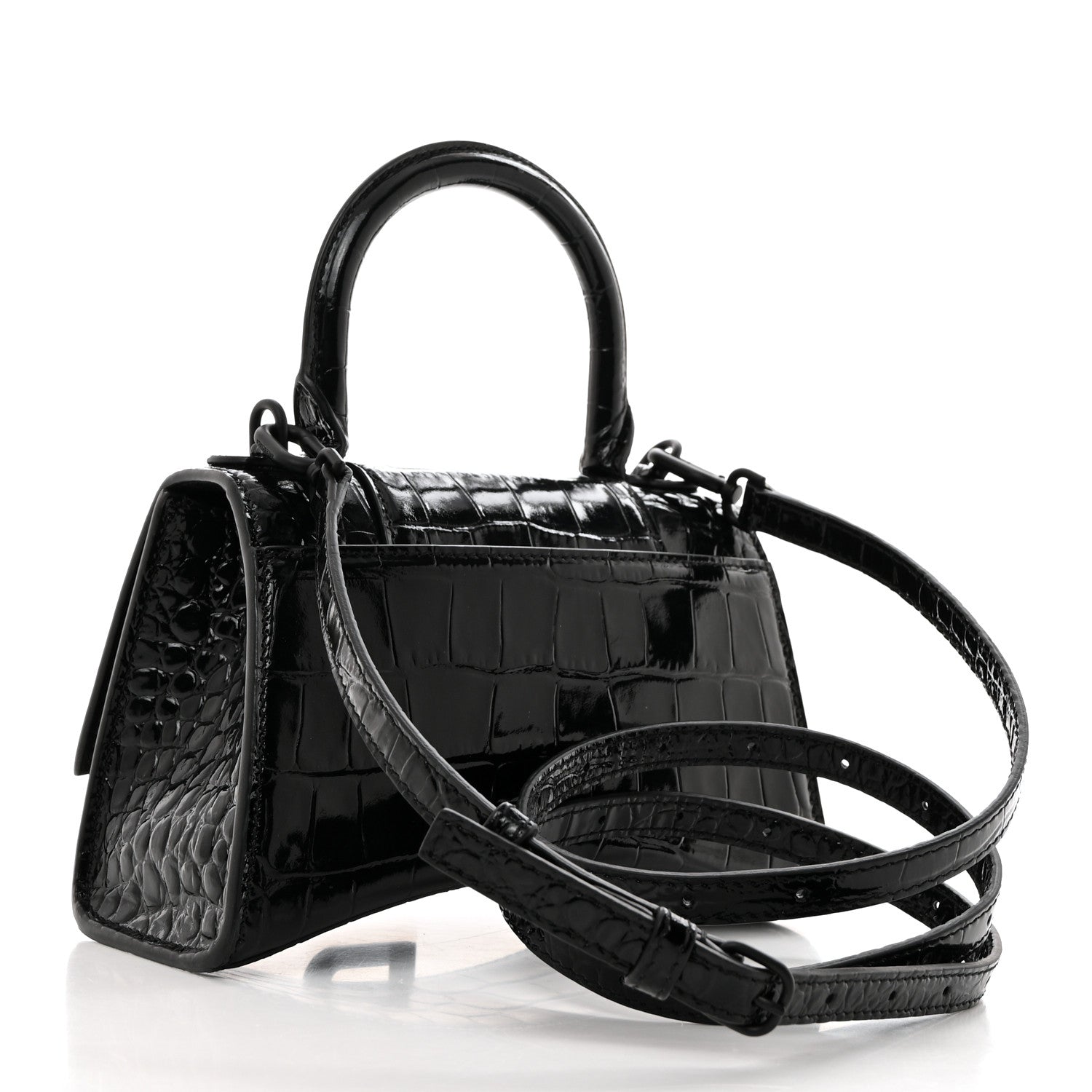 Balenciaga Shiny Calfskin Monochrome Crocodile Embossed Hourglass Top Handle Bag XS Black 3 of 11