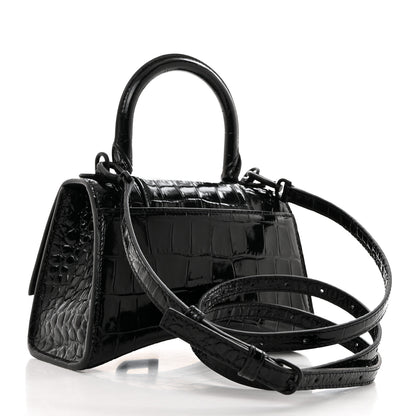 Balenciaga Shiny Calfskin Monochrome Crocodile Embossed Hourglass Top Handle Bag XS Black 3 of 11