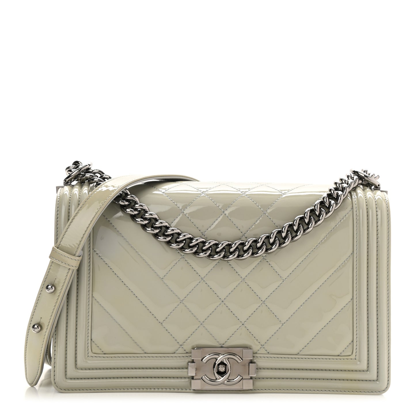 Patent Chevron Quilted New Medium Boy Flap Grey