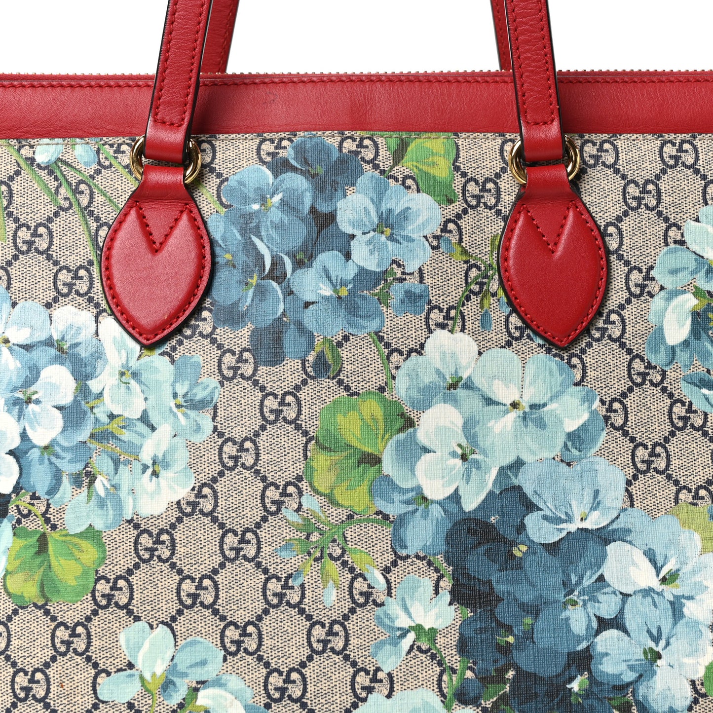 GG Supreme Monogram Blooms Medium Zippered Bucket Tote Beige Blue Navy Hibiscus Red