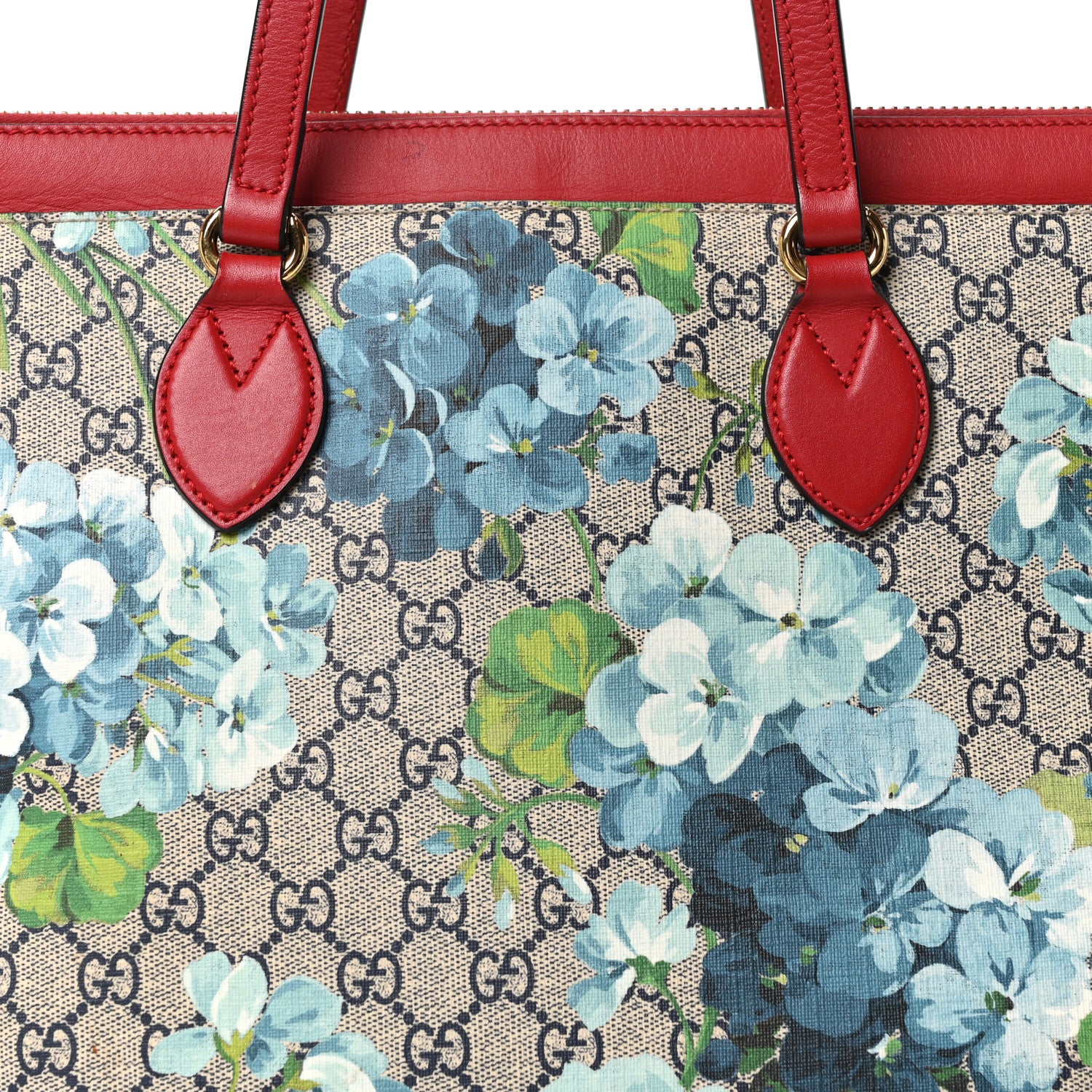 Gucci GG Supreme Monogram Blooms Medium Zippered Bucket Tote Beige Blue Navy Hibiscus Red 8 of 10
