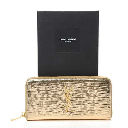 Saint Laurent Lizard Calfskin Embossed Monogram Zip Around Wallet Gold 8 of 8