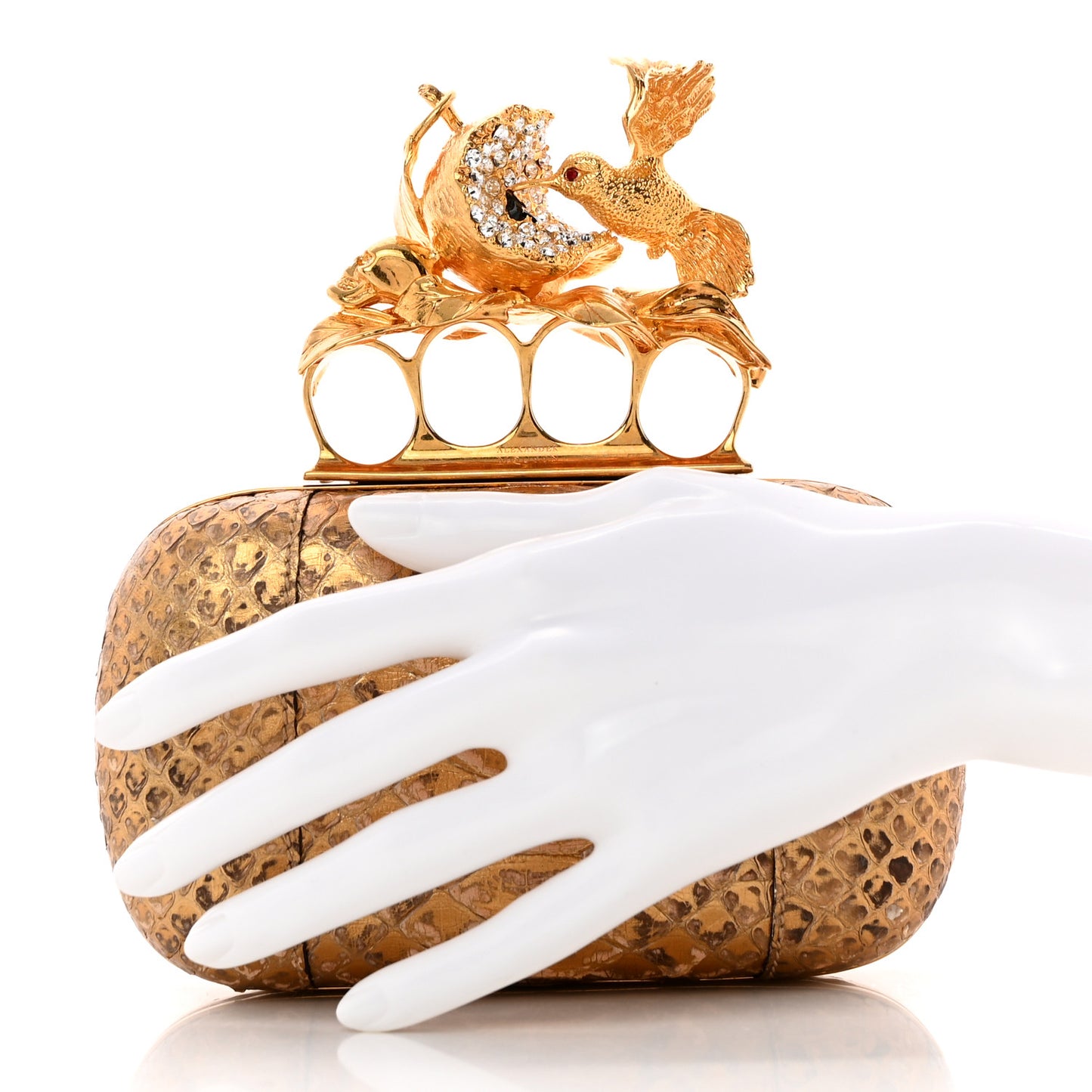 Metallic Marbled Snakeskin Crystal Apple Hummingbird Knuckle Duster Box Clutch Gold