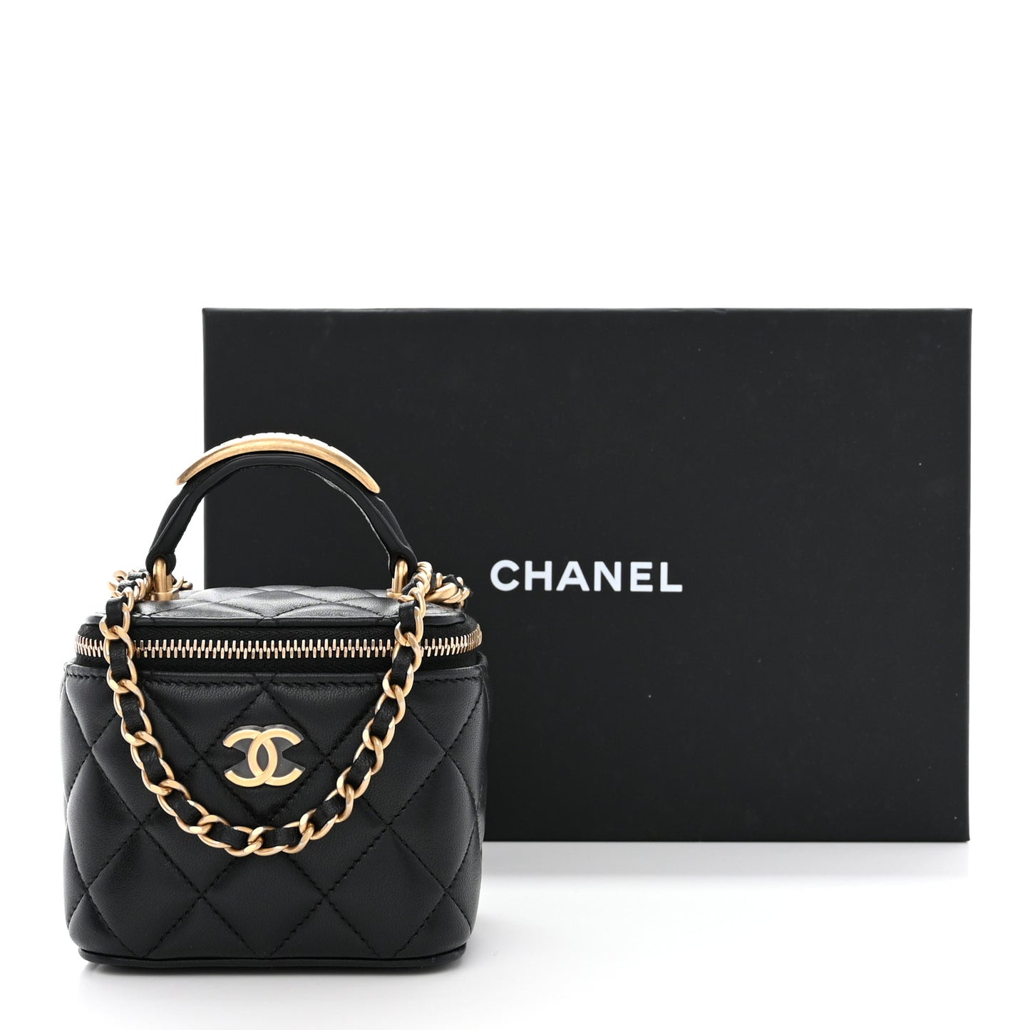 Lambskin Quilted Metal Mini Top Handle Vanity Case With Chain Black