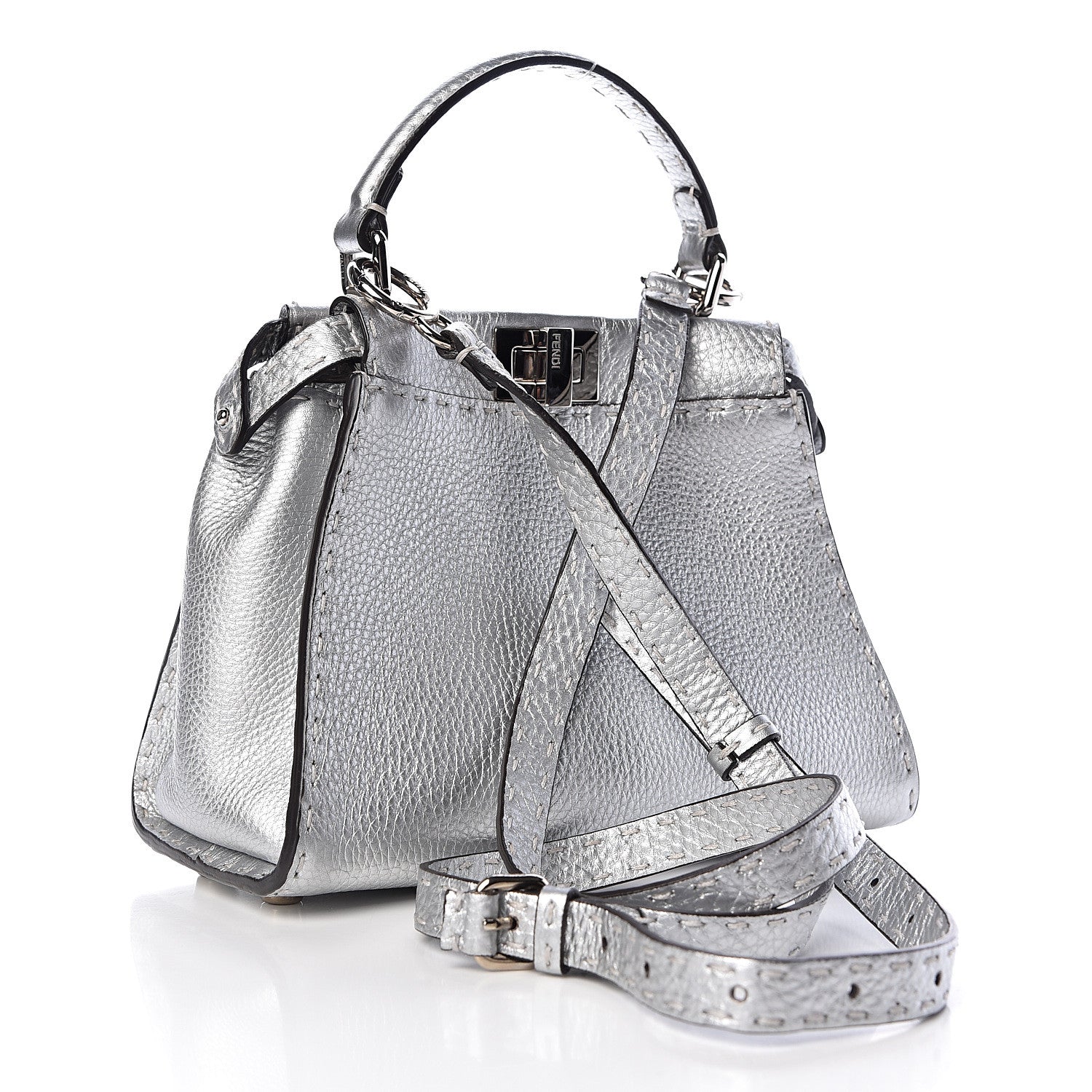 Fendi Cuoio Romano Lux Selleria Mini Peekaboo Iconic Satchel Argento 3 of 13