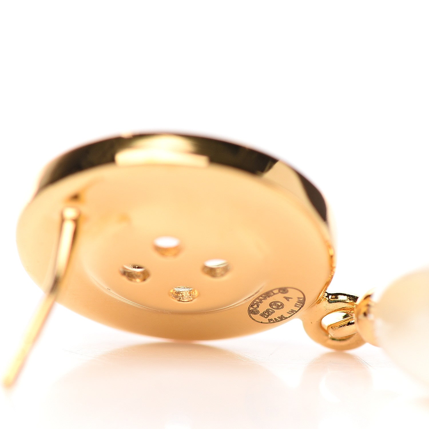 Chanel Metal Pearl Paris Button Drop Earrings Gold 3 of 5
