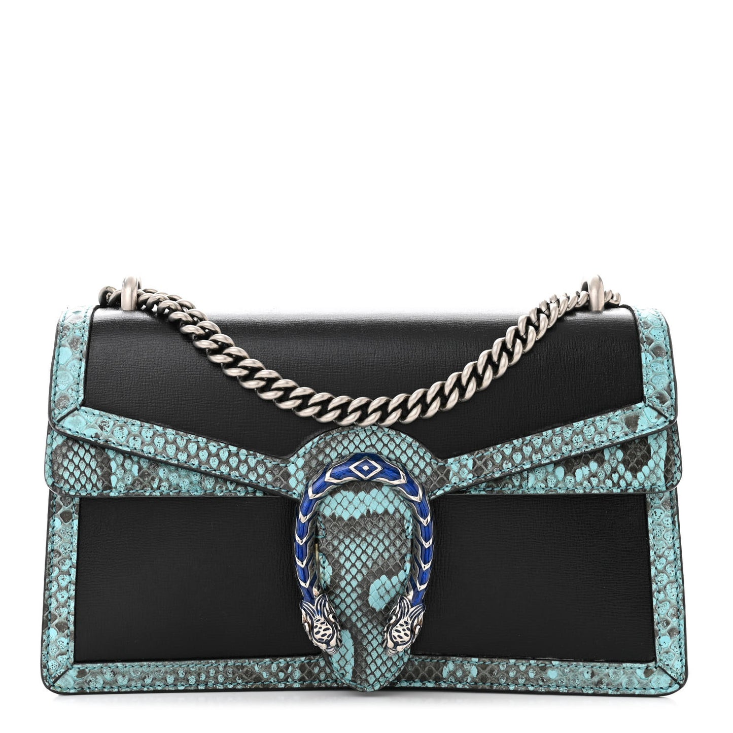Calfskin Snakeskin Enamel Small Dionysus Shoulder Bag Black Blue Electric Blue