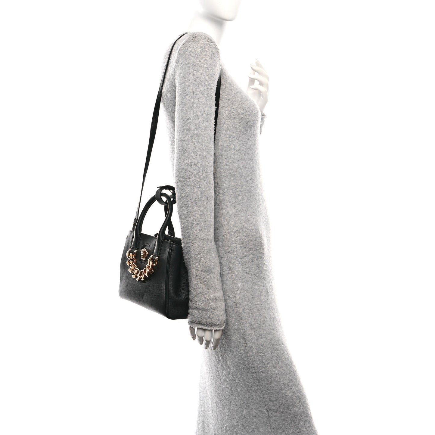 Grained Calfskin Small La Medusa Chain Convertible Tote Black
