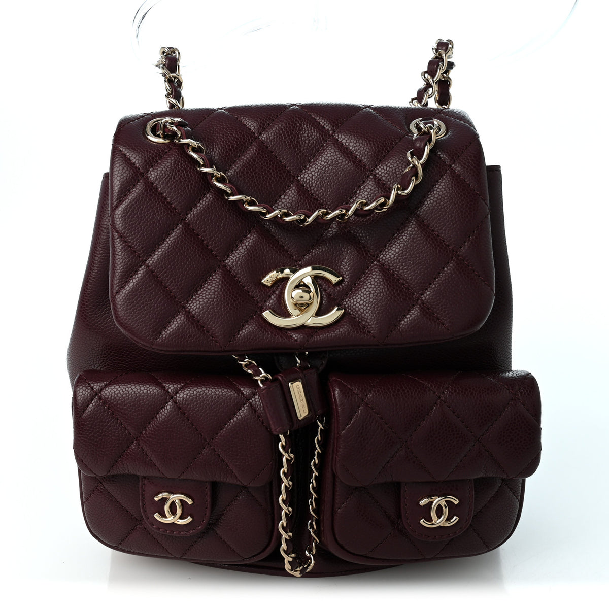 Shiny Caviar Quilted Medium Duma Pockets Drawstring Backpack Dark Burgundy