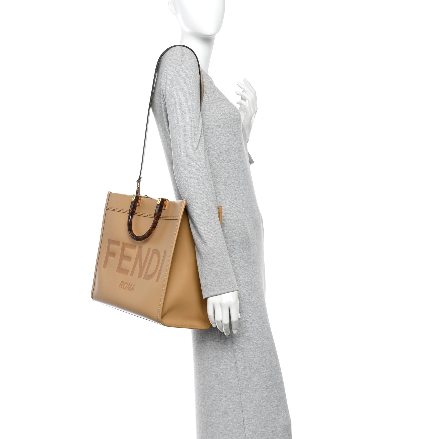 Fendi Vitello King Plexiglass Logo Embossed Medium Fendi Sunshine Shopper Tote Miele Scuro 2 of 9