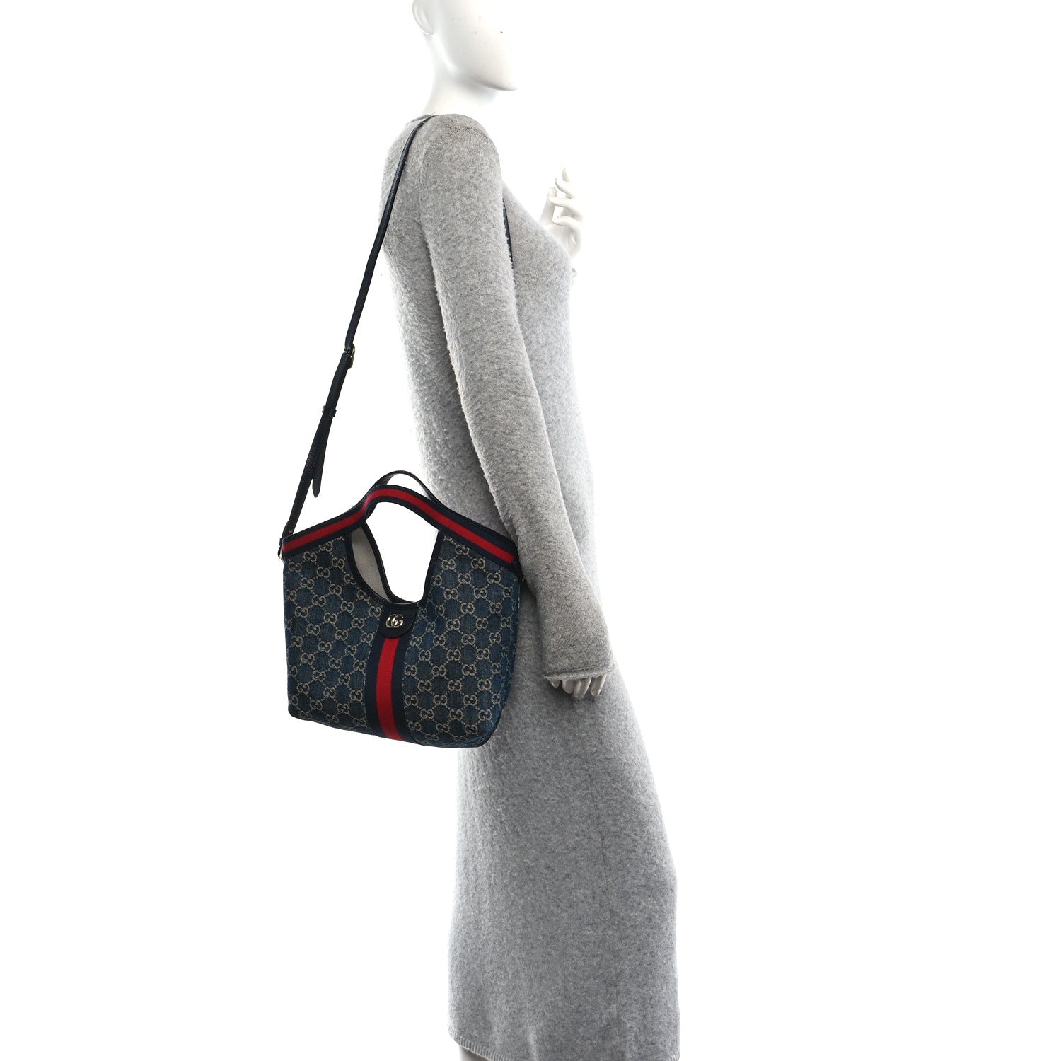 Gucci Denim GG Monogram Web Small Giglio Tote Blue White 2 of 11