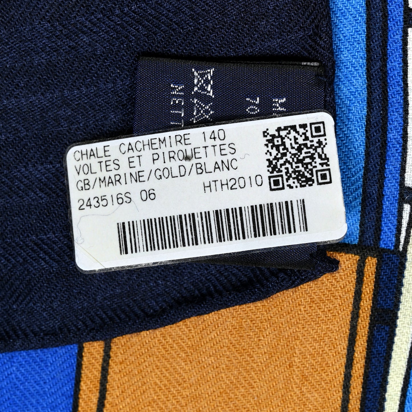 Cashmere Silk Voltes Et Pirouettes Shawl 140 Bleu Marine Gold White