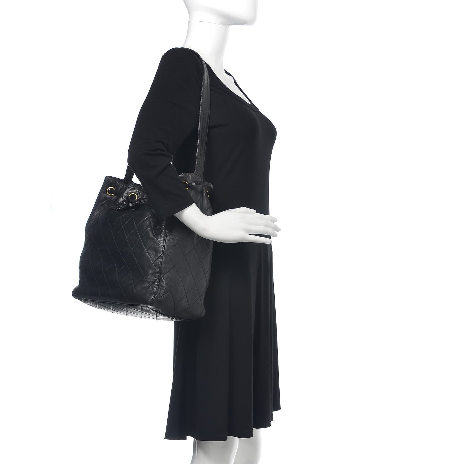 Chanel Lambskin Quilted Drawstring Bucket Bag Black 2 of 14