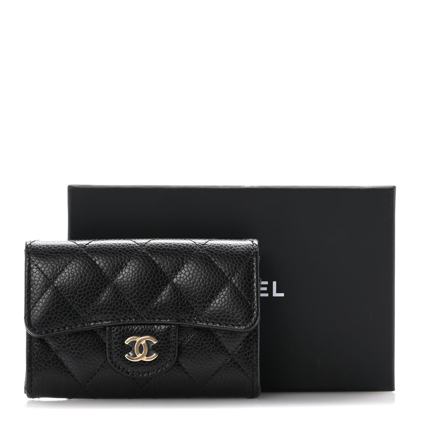 Caviar Quilted Flap Card Holder Wallet Black