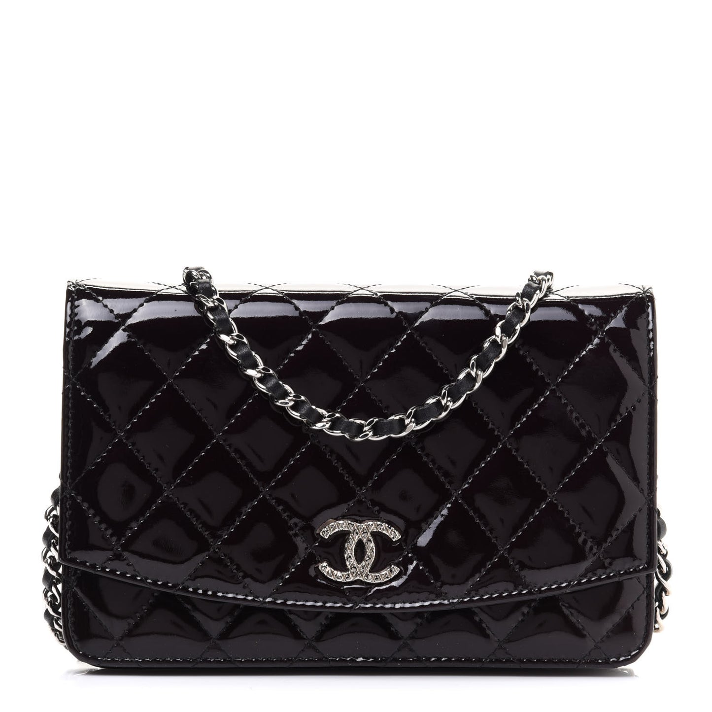 Patent Quilted Brilliant Wallet On Chain WOC Black