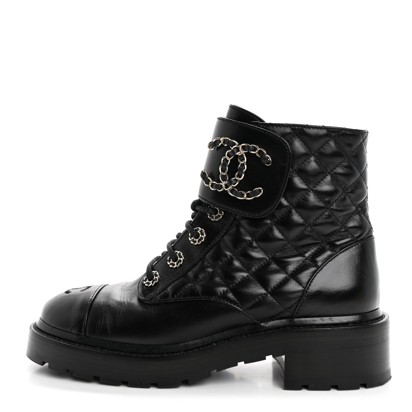 Shiny Calfskin Quilted Lace Up Combat Boots 37.5 Black