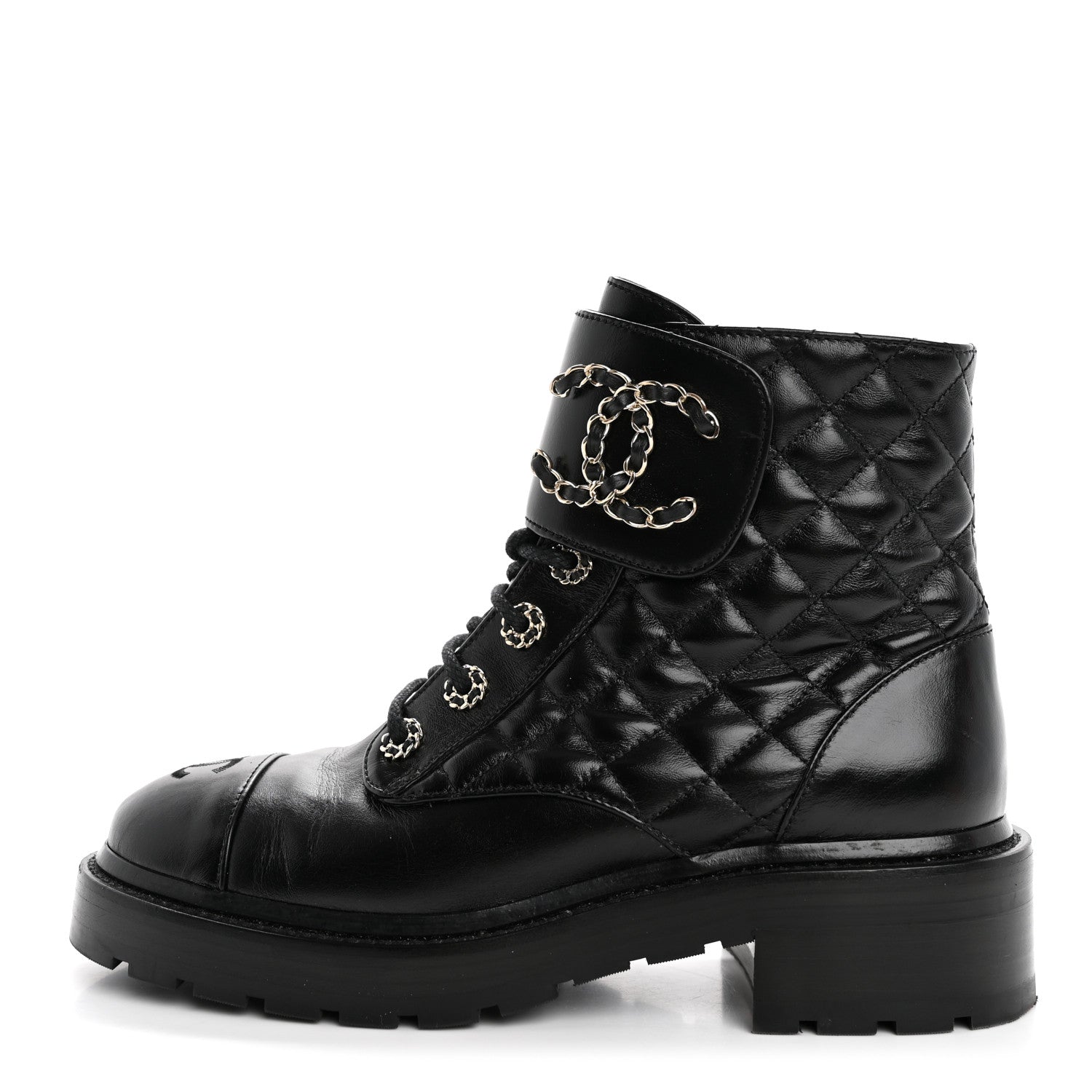 Chanel Shiny Calfskin Quilted Lace Up Combat Boots 37.5 Black 1 of 12