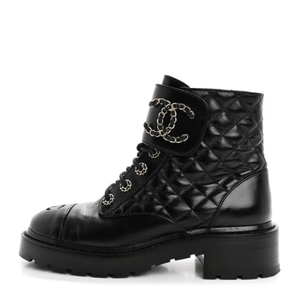 Chanel Shiny Calfskin Quilted Lace Up Combat Boots 37.5 Black 1 of 12