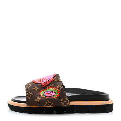 Louis Vuitton LV X YK Nylon Monogram Embroidered Faces Pool Pillow Flat Comfort Mule 37 Cacao Brown 1 of 9