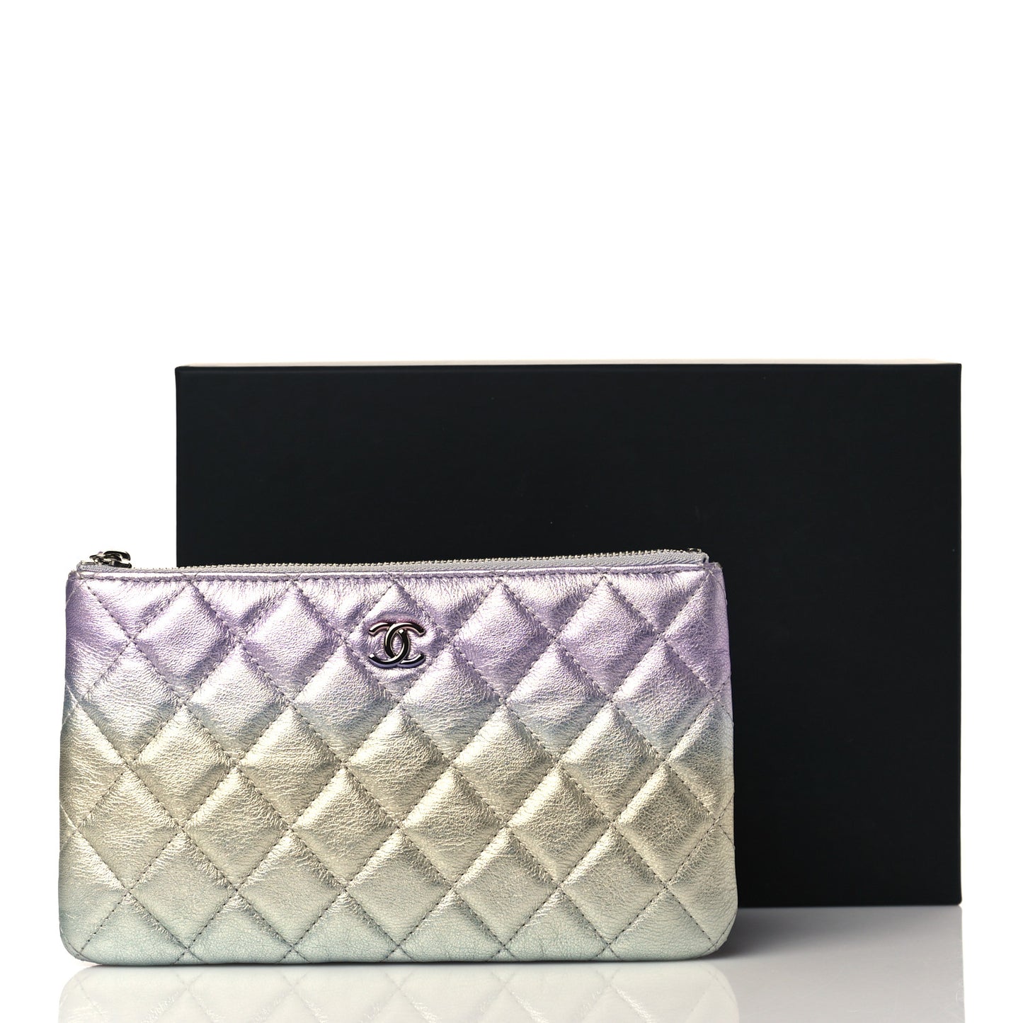 Gradient Metallic Calfskin Quilted Cosmetic Case Silver Blue Yellow Purple
