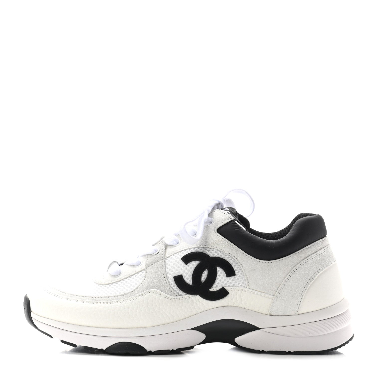 Chanel Mesh Suede Calfskin Grained Calfskin Womens CC Sneakers 40.5 White Black 1 of 8
