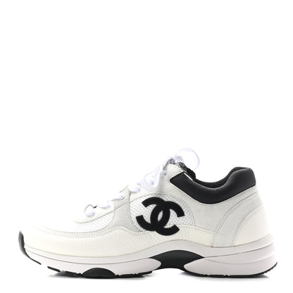 Chanel Mesh Suede Calfskin Grained Calfskin Womens CC Sneakers 40.5 White Black 1 of 8