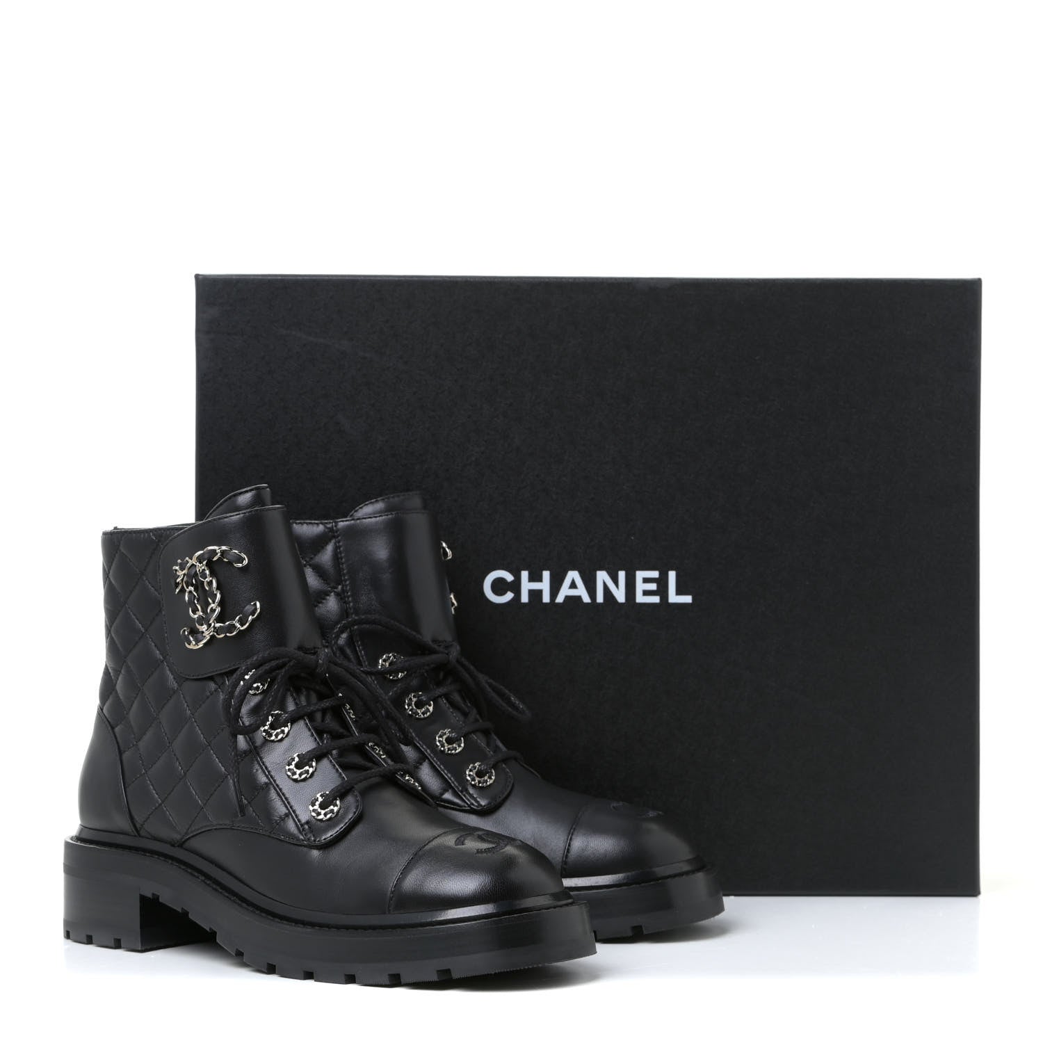 Chanel Shiny Lambskin Quilted Lace Up Combat Boots 38 Black 9 of 10