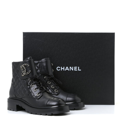 Chanel Shiny Lambskin Quilted Lace Up Combat Boots 38 Black 9 of 10