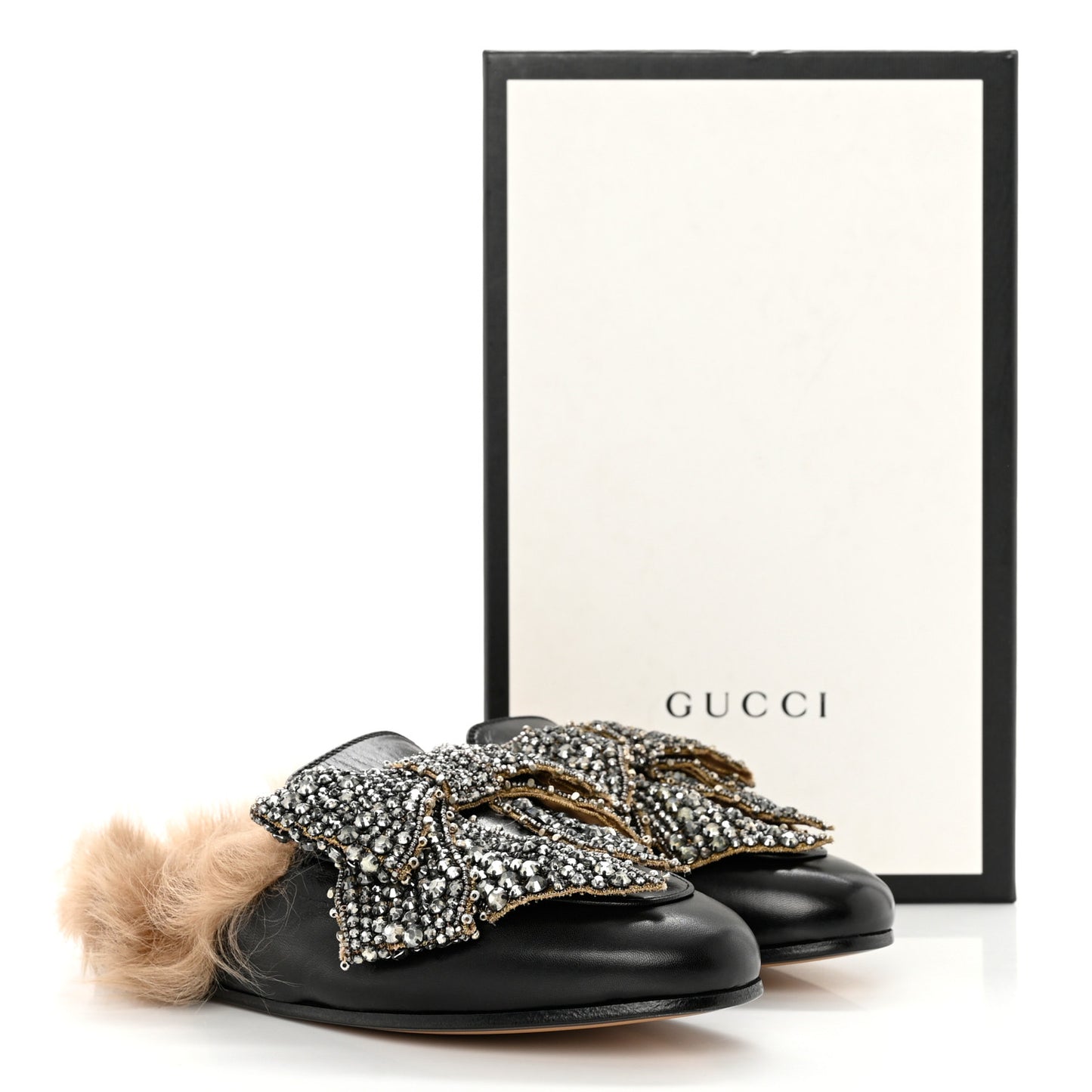 Malaga Kid Fur Crystal Bow Embroidered Womens Princetown Slippers 35 Black