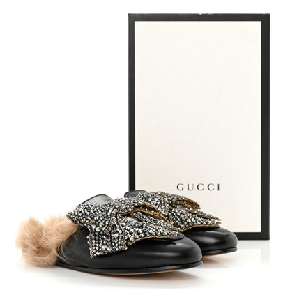 Gucci Malaga Kid Fur Crystal Bow Embroidered Womens Princetown Slippers 35 Black 11 of 11