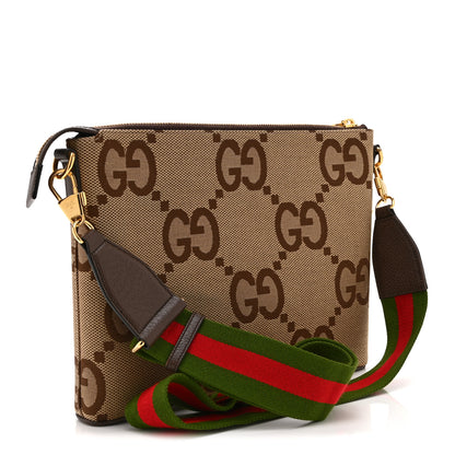 Gucci Monogram Jumbo GG Textured Dollar Calfskin Web Wristlet Messenger Bag Camel Ebony New Acero 3 of 11