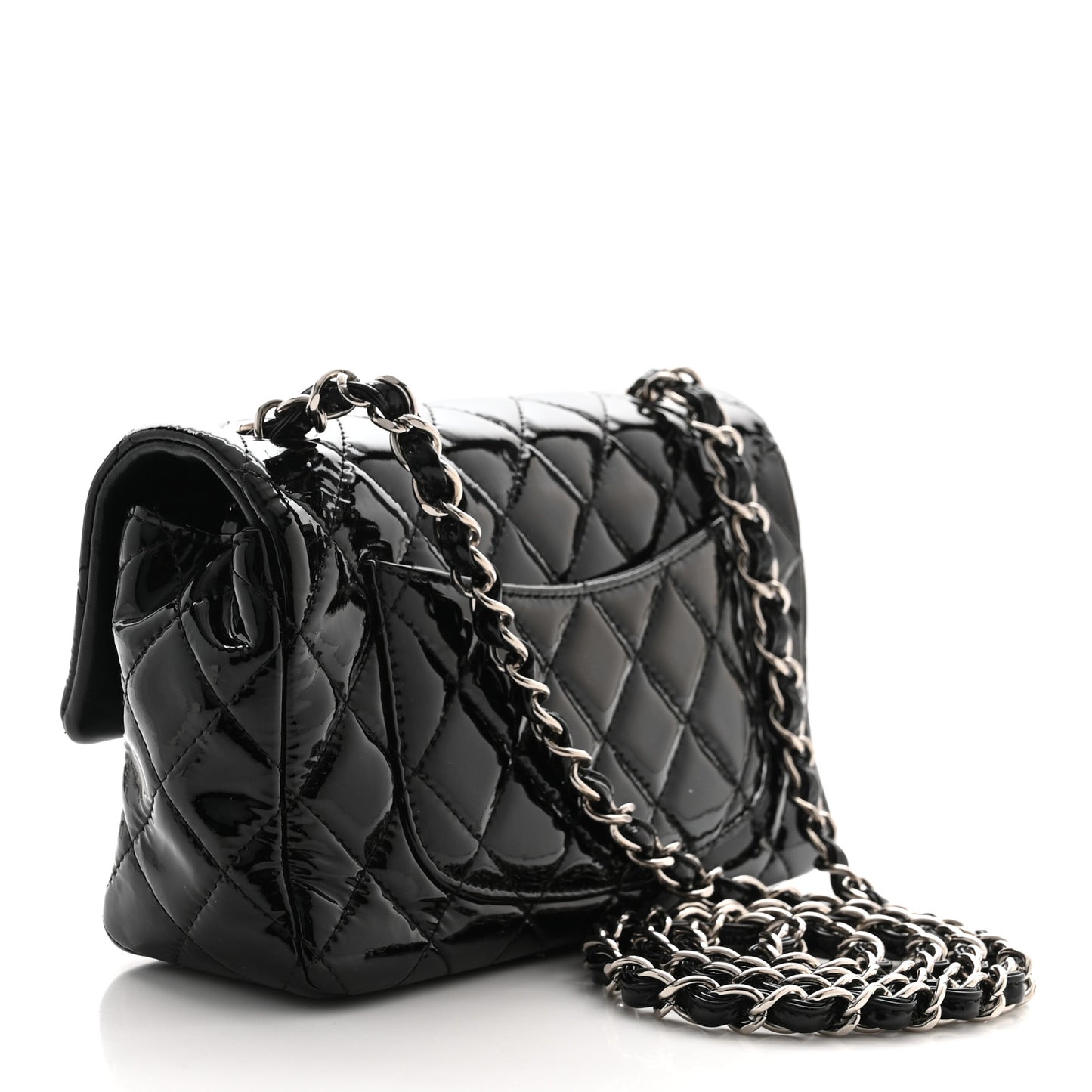 Patent Calfskin Quilted Mini Rectangular Flap Black