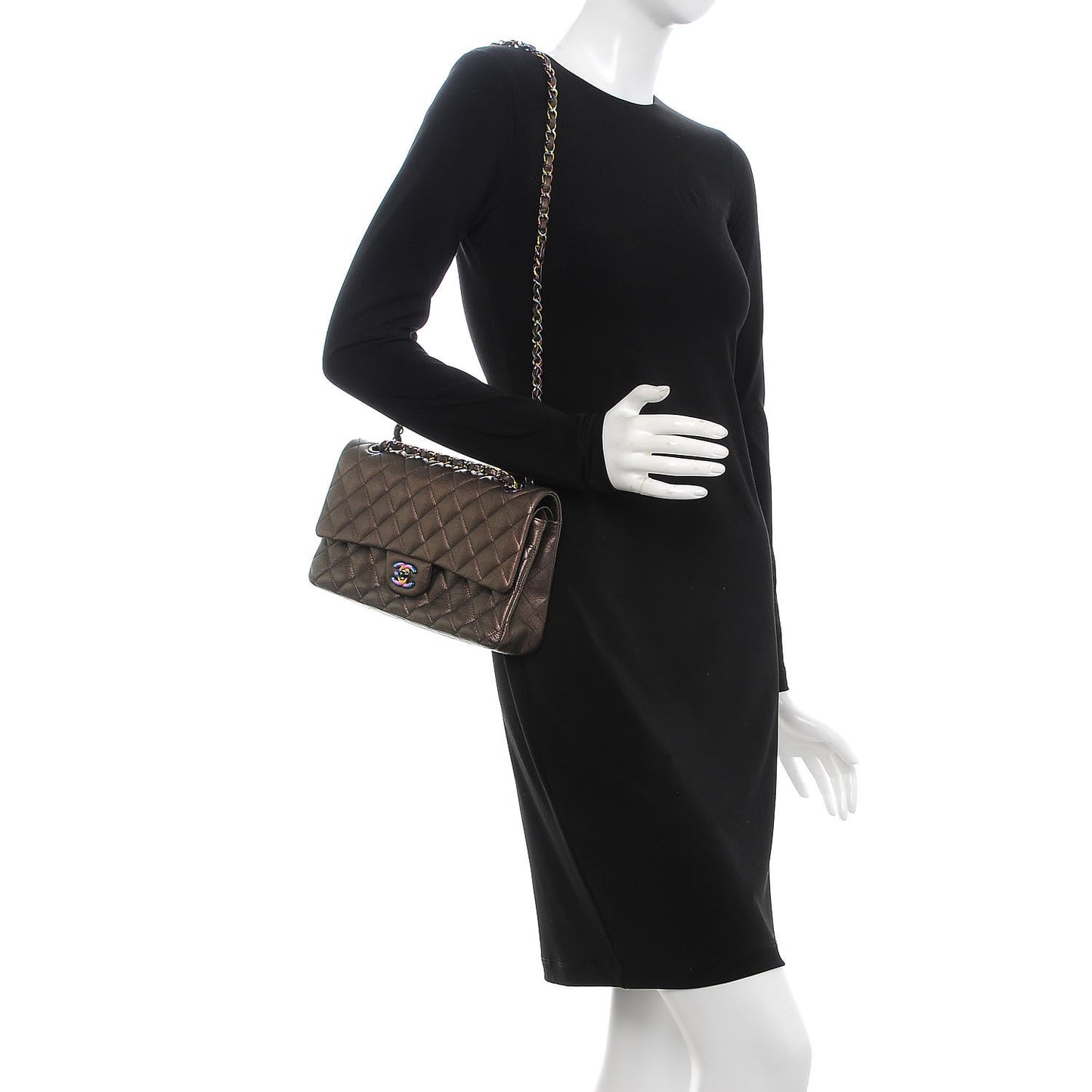 Iridescent Goatskin Quilted Medium Double Flap Bronze