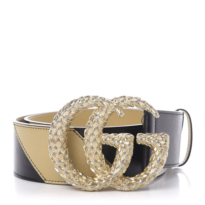 Gucci Calfskin Striped Textured Double G 50mm Belt 80 32 Black Beige 1 of 4