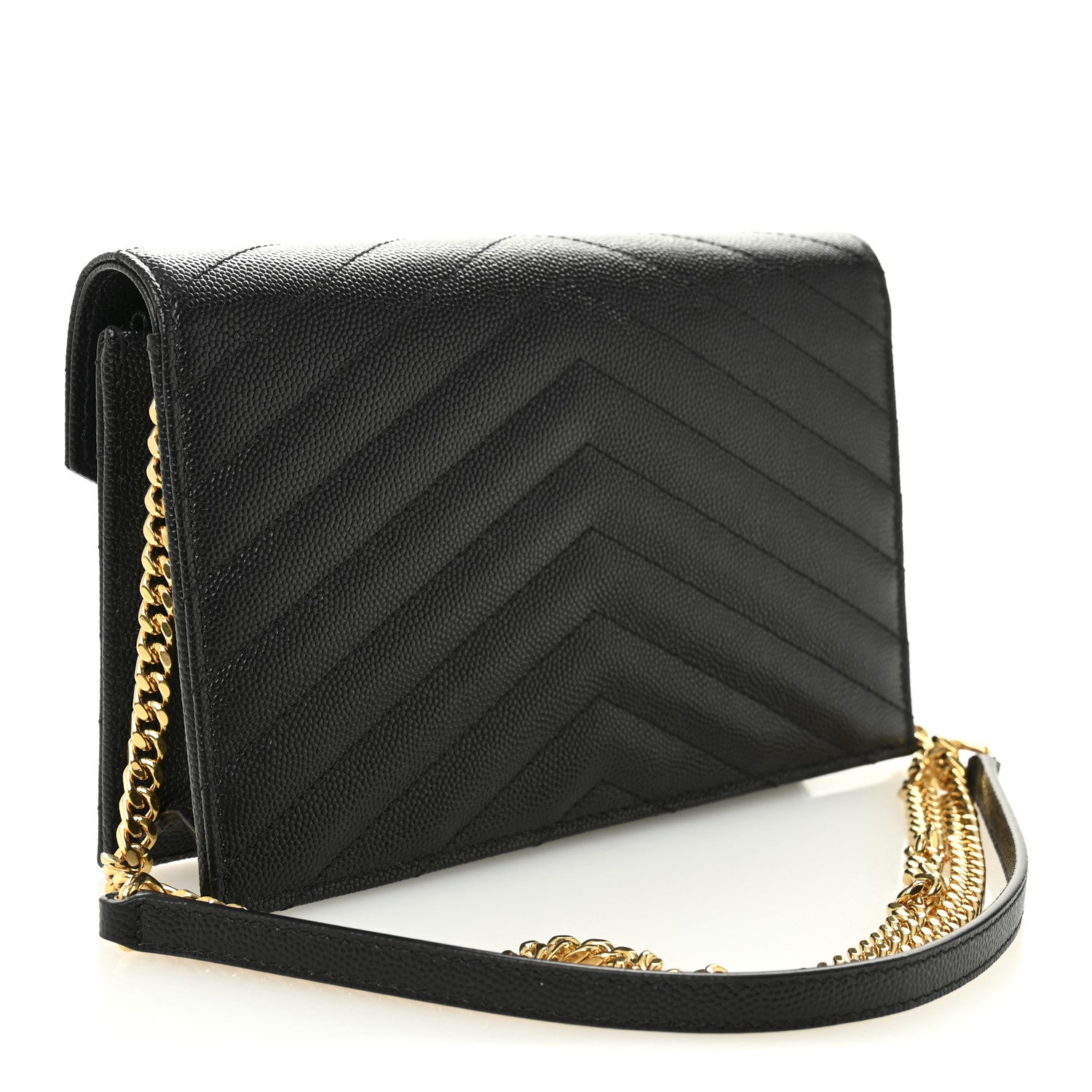Saint Laurent Grain De Poudre Matelasse Chevron Monogram Envelope Chain Wallet Black 3 of 11