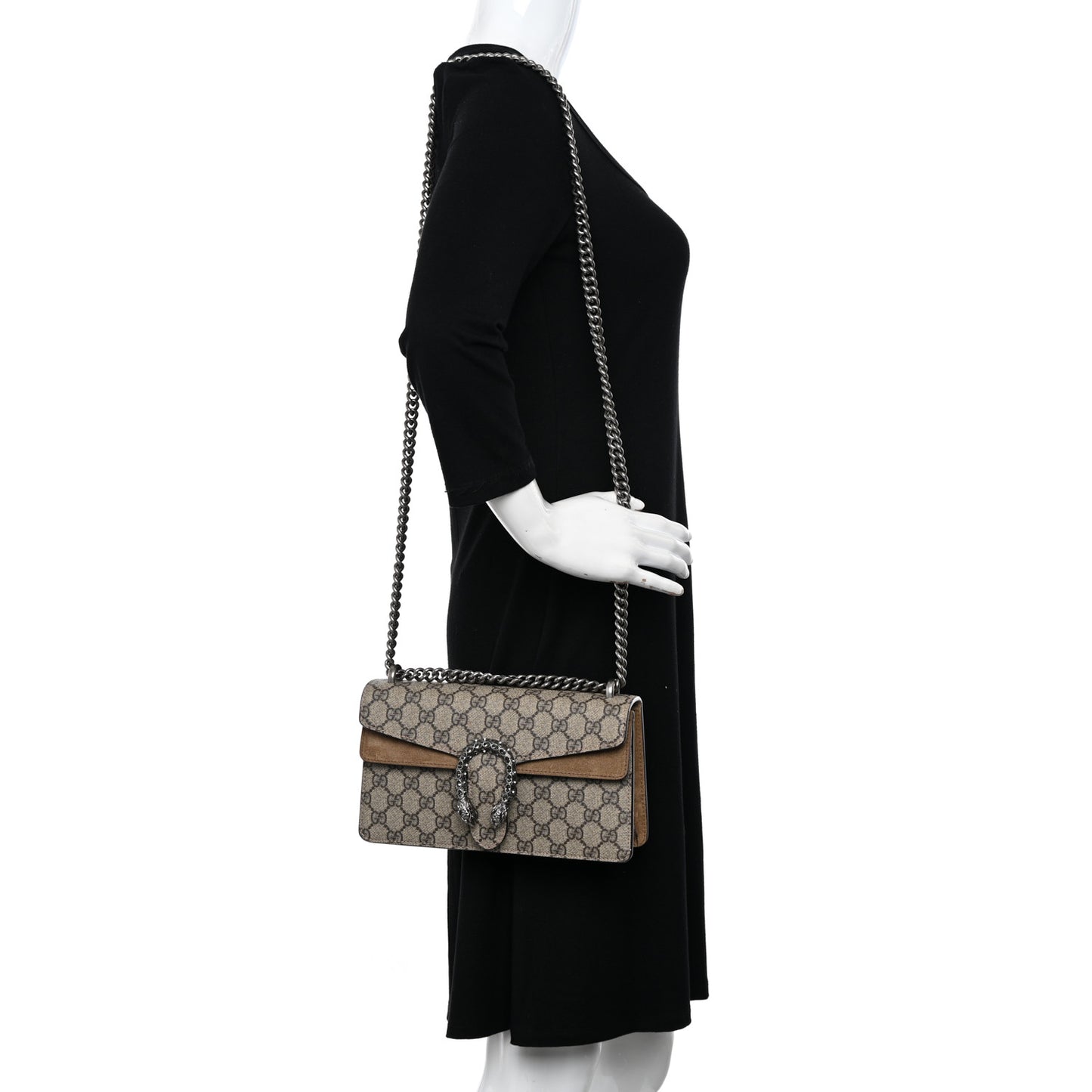 GG Supreme Monogram Suede Crystal Small Dionysus Shoulder Bag Beige Ebony Taupe
