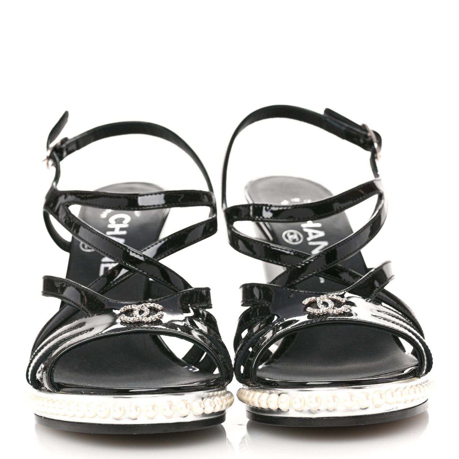 Chanel Patent Pearl CC Wedge Sandals 36.5 Black 3 of 9