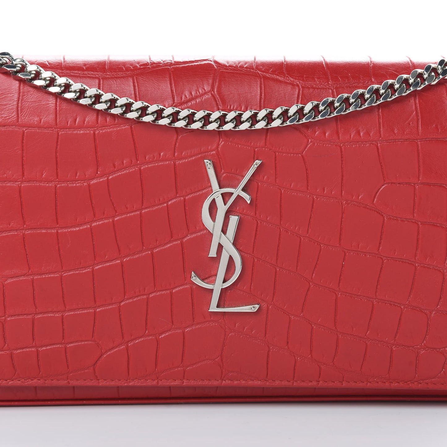 Calfskin Crocodile Embossed Monogram Chain Wallet New Red