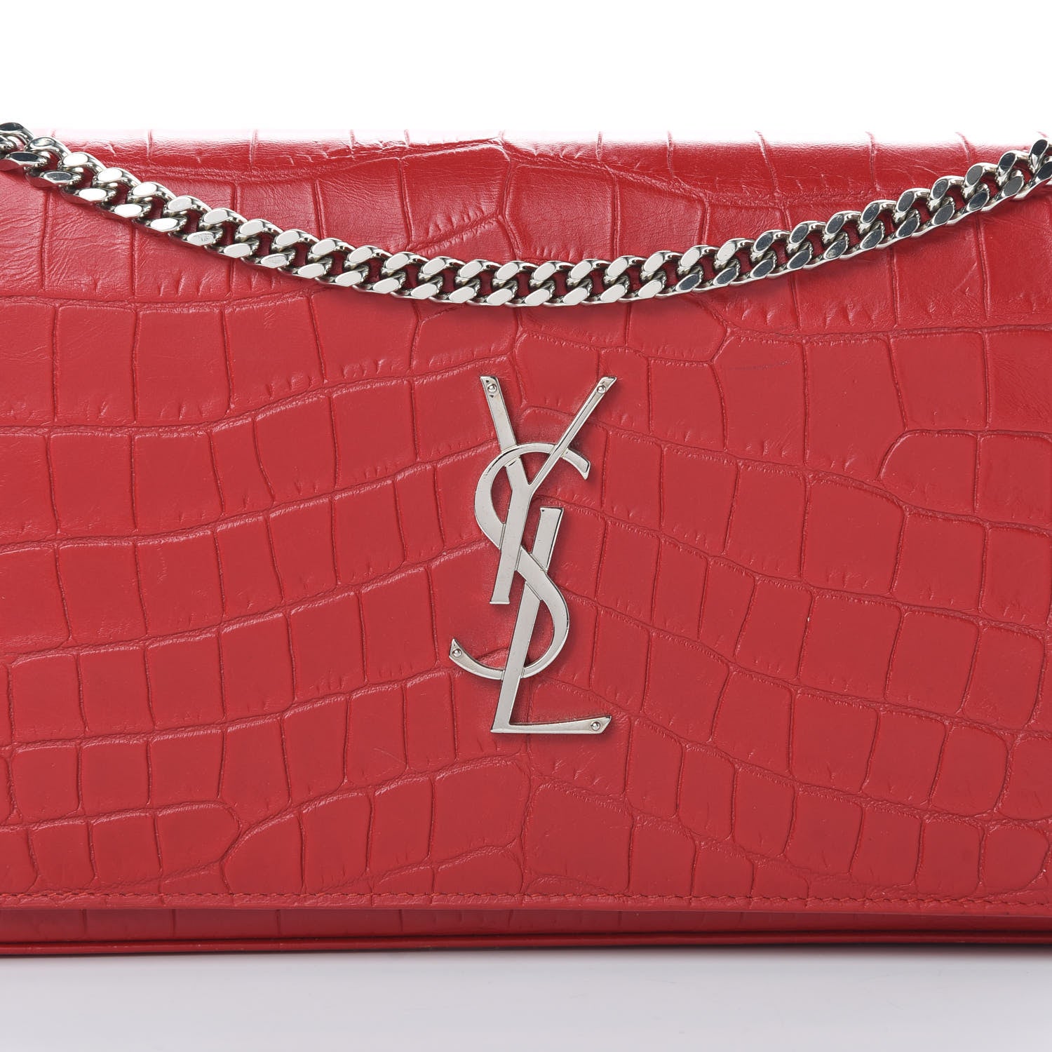 Saint Laurent Calfskin Crocodile Embossed Monogram Chain Wallet New Red 9 of 13
