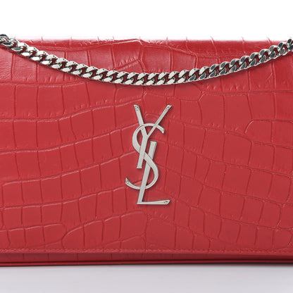 Saint Laurent Calfskin Crocodile Embossed Monogram Chain Wallet New Red 9 of 13