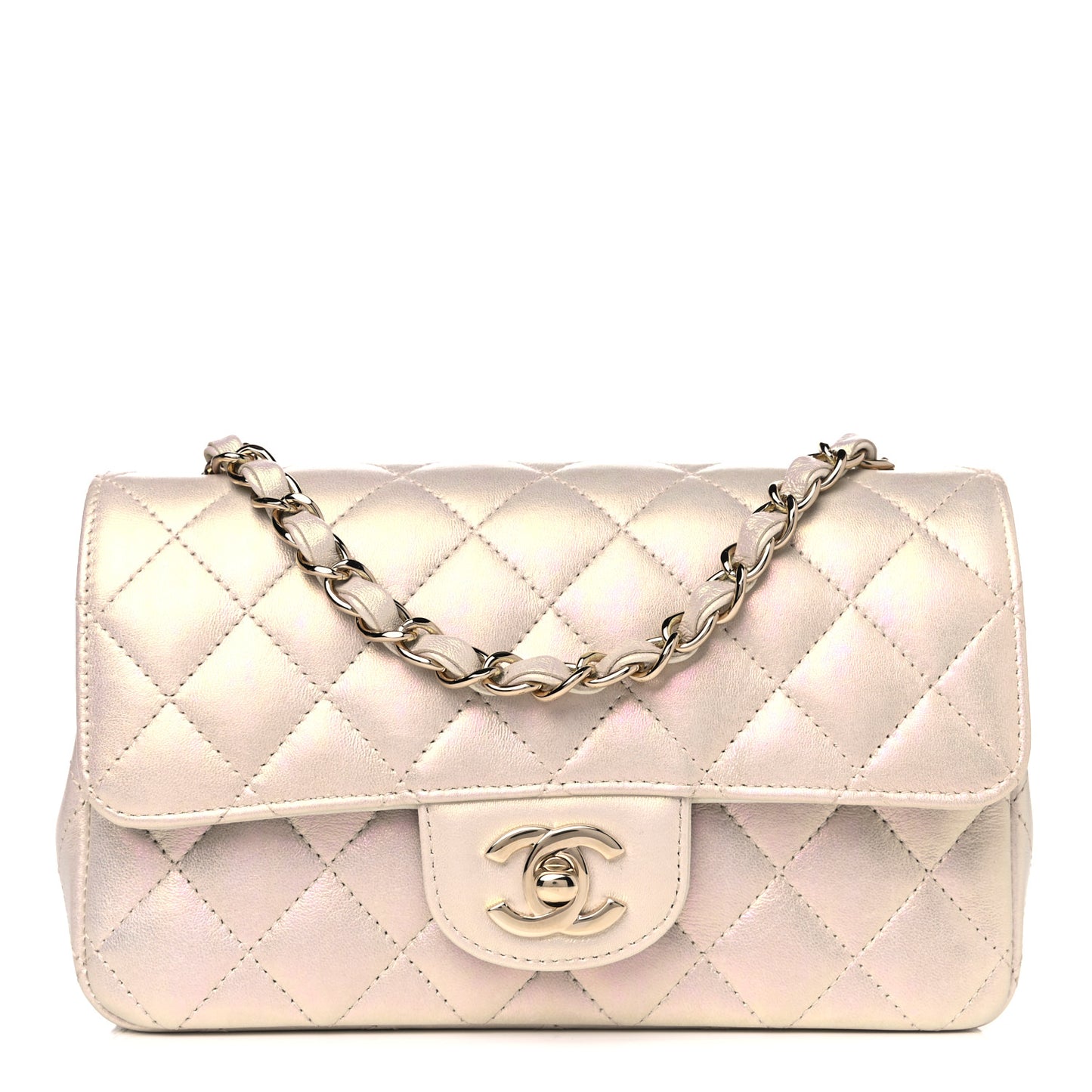 Iridescent Lambskin Quilted Mini Rectangular Flap Ivory