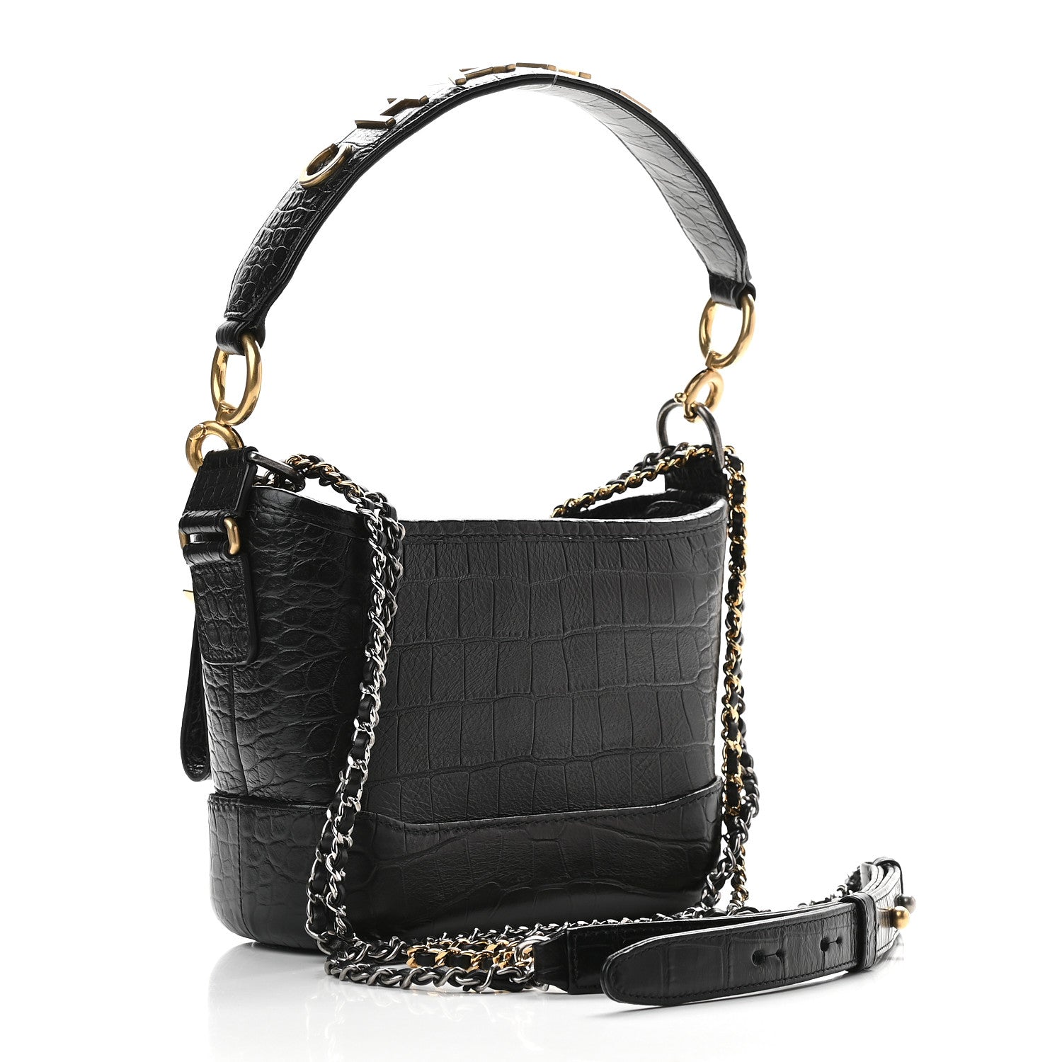 Chanel Calfskin Crocodile Embossed Small Gabrielle Cocodile Hobo Black 3 of 9