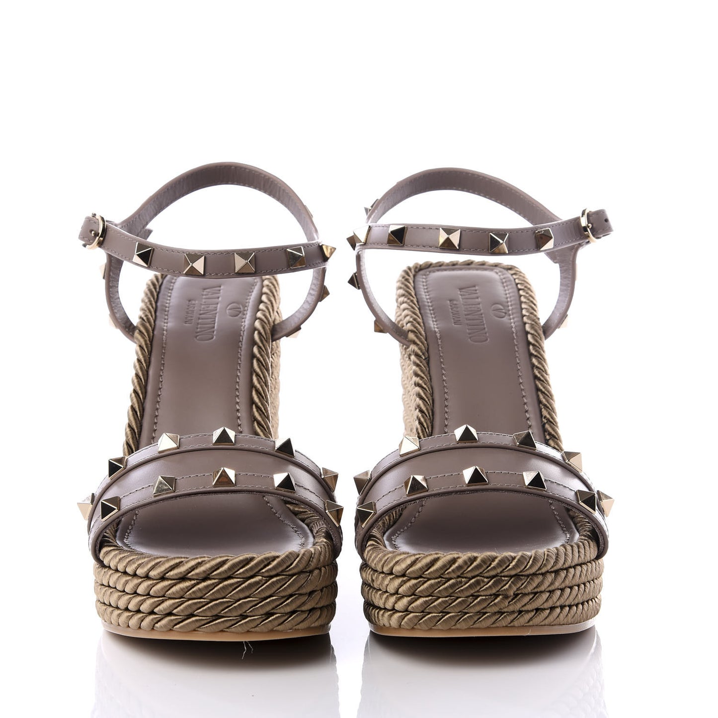 Silk Calfskin Rockstud Torchon Espadrille Wedge Sandals 38 Clay
