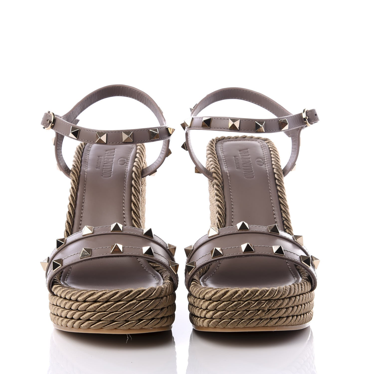 Valentino Garavani Silk Calfskin Rockstud Torchon Espadrille Wedge Sandals 38 Clay 2 of 10