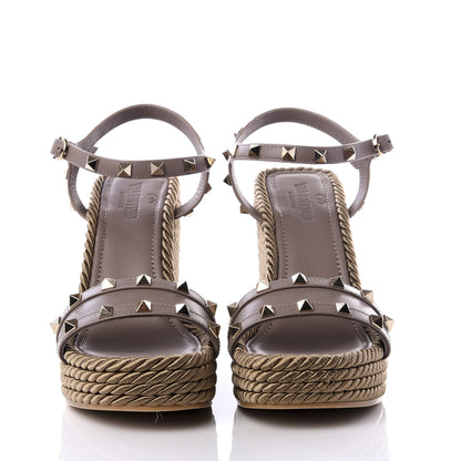 Valentino Garavani Silk Calfskin Rockstud Torchon Espadrille Wedge Sandals 38 Clay 2 of 10