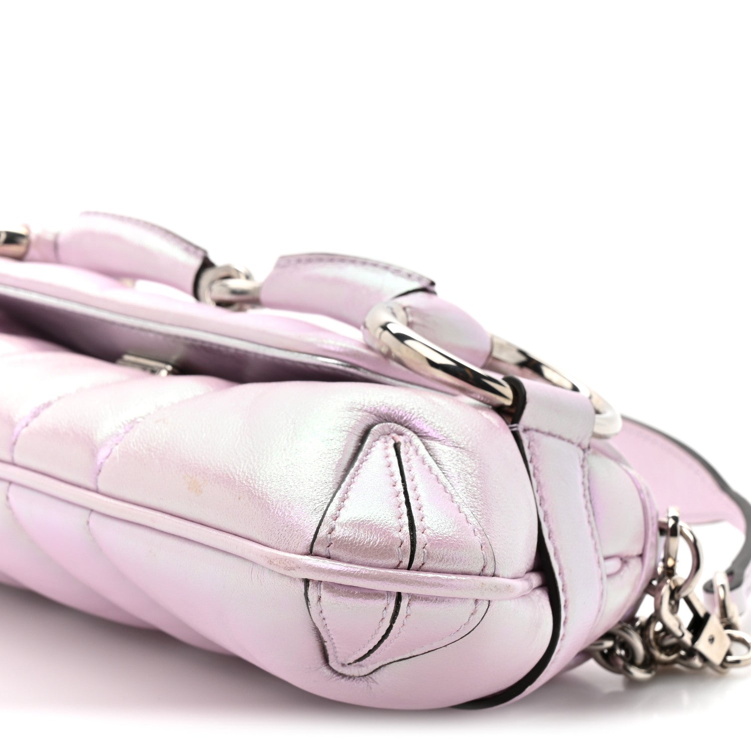 Gucci Iridescent Nappa Vertical Matelasse Small Maxi Horsebit Chain Shoulder Bag Escape Pink 9 of 12