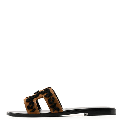 Suede Goatskin Tufted Leopard Womens Oran Sandals 39 Brun Fume Black